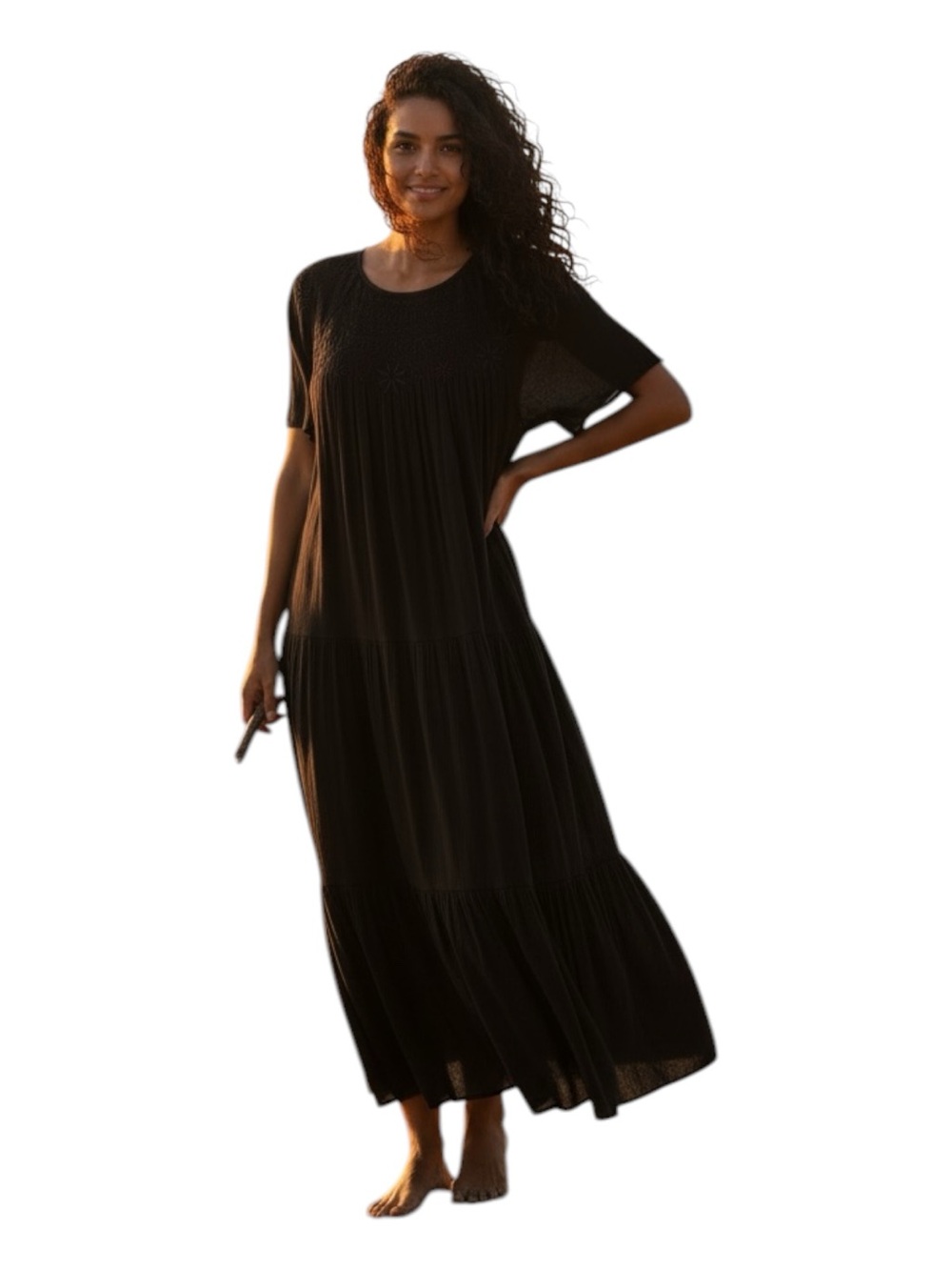 Madewell Black Maxi Dress Embroidered Neckline Cotton Boho Peasant Dress XL